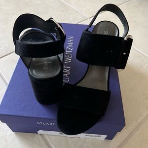 Stuart Weitzman black suede high blocked heels city sandals 7.5 M
